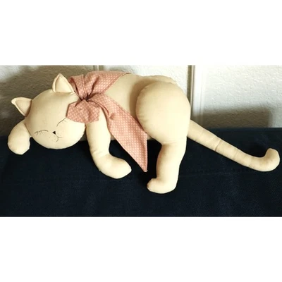 Винтажный 80-х кремовый белый кот мягкая плюшевая полка Sitter Cottagecore розовый бант - Изображение 1 из 4