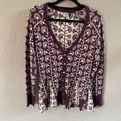 Cárdigan Anthropologie HWR Monograma Mujer XS Púrpura Escalada Caléndula Peplum Foto 1 de 4