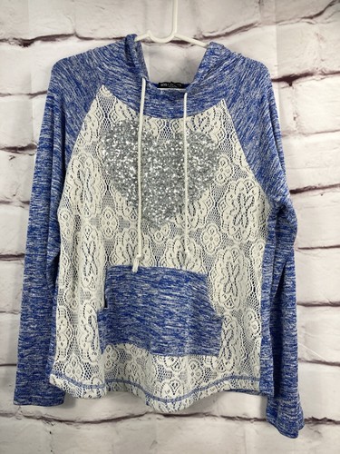 VALENTINO Felpa con cappuccio Miss Chievous L in pizzo cuore e paillettes Lngslvs lavorata a maglia top donna blu