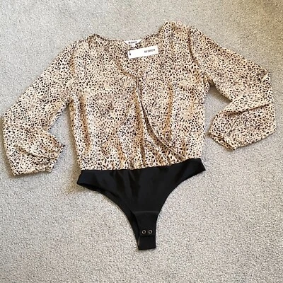 BB Dakota Leopard Blouse Body Suit Faux Wrap Flowy Fabric NWT LARGE - Image 1 of 4