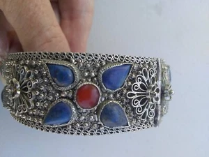 EXQUISITES CHINESISCHES SILBER GEFLOCHTEN BLUMEN - SCHARNIER ARMBAND - LAPIS - Bild 1 von 11