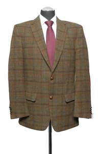 Harris Tweed Jacket Suit Jacket 50 Braun Olive Checked 2-Knopf Patches Like New - Picture 1 of 5
