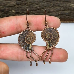 Ammonite Fossil Copper Electroformed Handmade Earrings Jewelry Valentine Gift - Picture 1 of 4