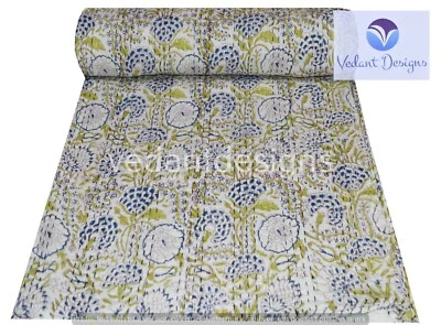 Colcha Kantha azul com estampa de bloco reversível indiano duplo/único cobertor arremesso arte - Imagem 1 de 4