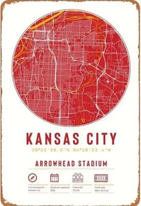 KANSAS CITY CHIEFS NFL FOOTBALL METAL TIN SIGN I ARROWHEAD STADIUM MAP MAN CAVE - Picture 1 of 1