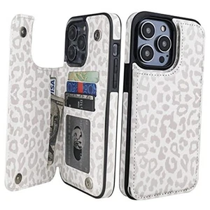for 14 Pro Max Wallet Case with Card Holder Cheetah Pattern Back White Leopard - Picture 1 of 7