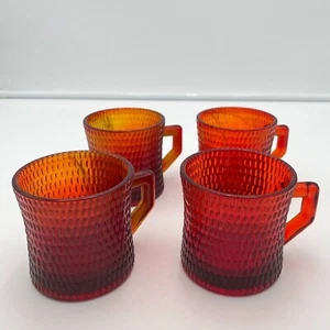 Rare 60s Vintage Cadmium Glow Hobnail Pigeons Blood Glass Mugs - Set of 4 - Picture 1 of 9
