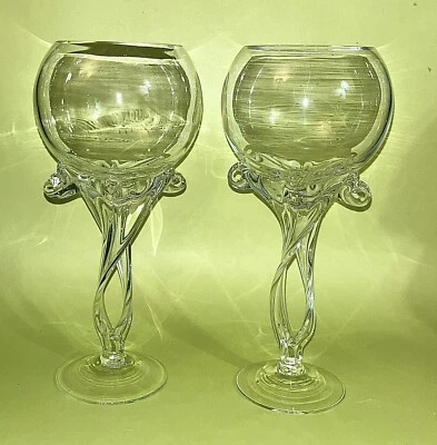 Pair Handblown Italian Art Glass Swirl Stem Candle Holder Vases - Image 1 of 4