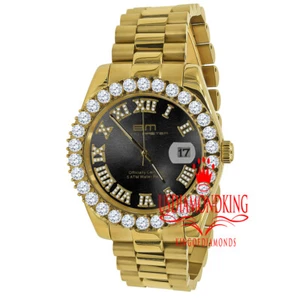 Mens Solid Steel Black Dial 18K Gold Simulated Diamonds Presidential Watch 42mm - Picture 1 of 8