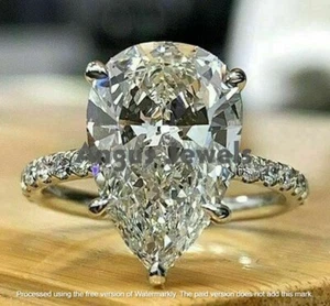 Anillo de compromiso solitario moissanita de 3 quilates corte pera D/VVS1 oro blanco liso 14 K - Imagen 1 de 3