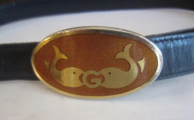 Auténtico Cinturón GUCCI Vintage Años 70 Azul Marino Cuero con Hebilla de Pez Esmaltada Italia RARO Foto 1 de 4