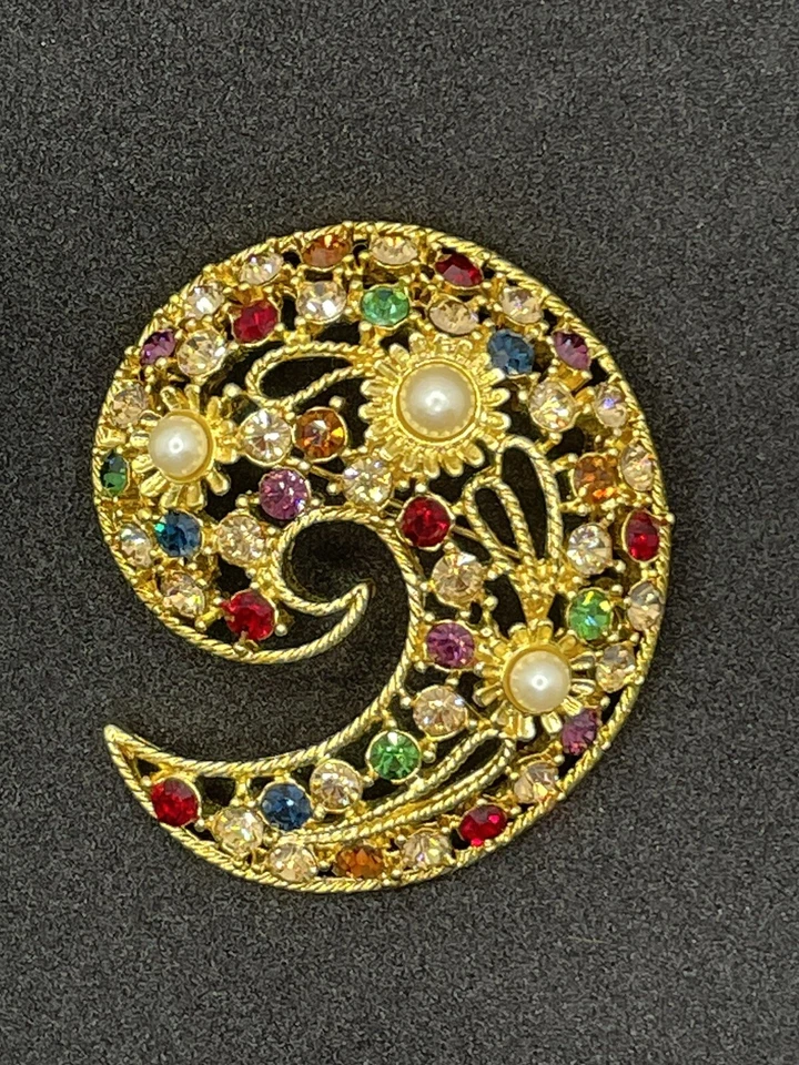 Broche prendedor vintage GRAZIANO tono dorado estrás/perla cachemira Foto 1 de 4