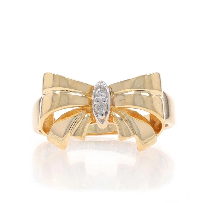 Yellow Gold Diamond Vintage Bow Ring - 10k Round Brilliant Tied Ribbon Two-Stone - Image 1 of 4
