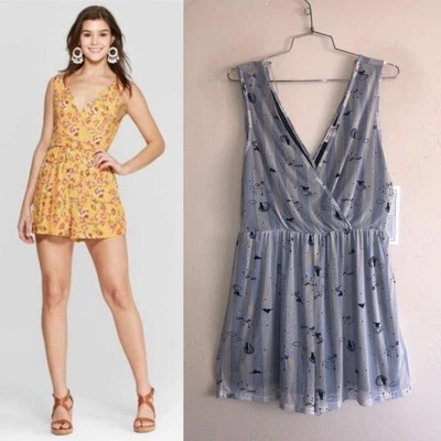 Cat Print Sleeveless Summer Mesh Romper M Blue V-Neck Trendy NEW XHILARATION - Image 1 of 4