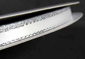 White Satin Ribbon Double Face Silver Border 1/4" x 50 Yards Spool - Picture 1 of 5