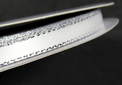 White Satin Ribbon Double Face Silver Border 1/4" x 50 Yards Spool - Image 1 of 4