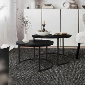 Set 2 mesas de centro salón mesita auxiliar MDF roble negro mate Ø74x48/Ø59x40cm - Imagen 1 de 7