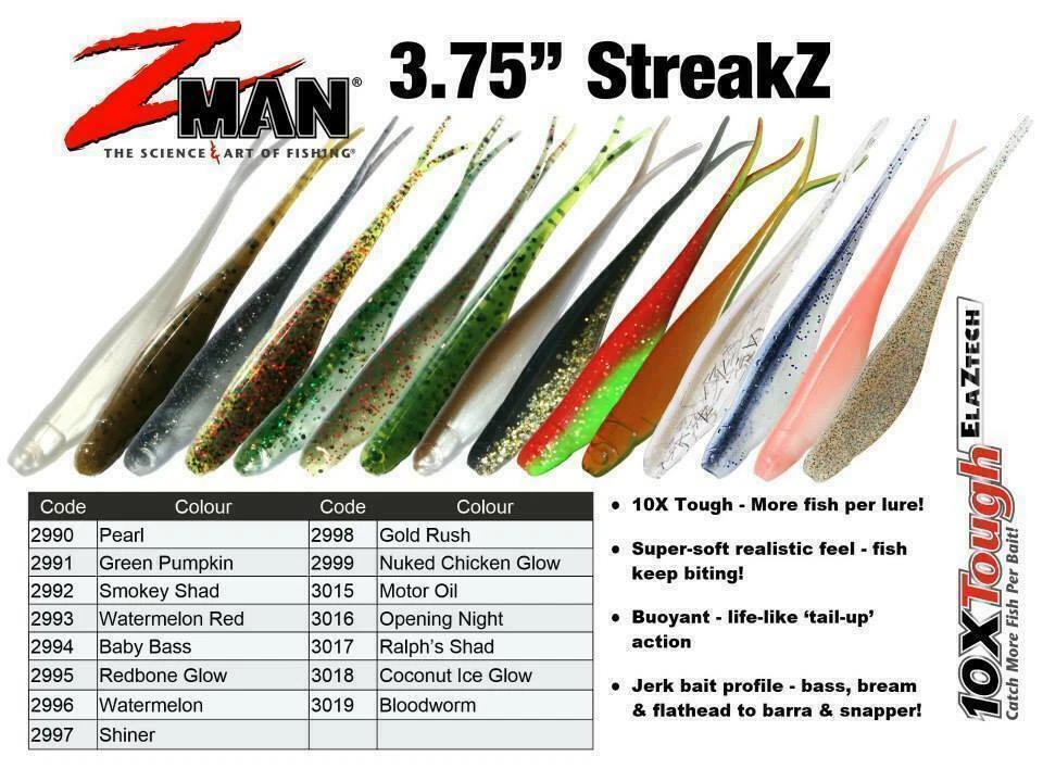 Señuelo de pesca de plástico suave Zman 3,75" pulgadas Streakz Z Man Zman - Elige sujetador de color Foto 1 de 1