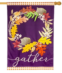 Linen Gather Fall Leaves Wreath Decorative House Flag - Picture 1 of 1
