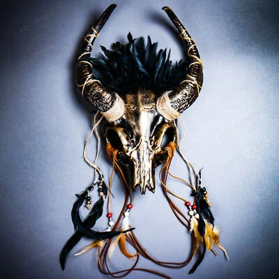 Antelope Devil Horns Animal Skull Ghost Masquerade Mask - Black Gold Halloween - Image 1 of 4