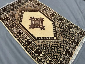 Turkish Handmade Rug 2'1 x 3'7 ft – Wool Beige Brown Geometric Small Accent Rug - Picture 1 of 9