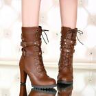 Women Combat Military Buckle Strap Spike Lace up High Heels Ankle Boots Oversize