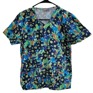 Scrub Zone Top Womens Size XS Blue Green Print Short Sleeve Uniform Nursing - Picture 1 of 4