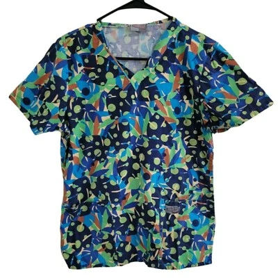 Scrub Zone Top Womens Size XS Blue Green Print Short Sleeve Uniform Nursing - Image 1 of 4