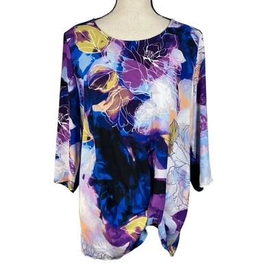 Pullover elástico acuarela ligero manga 3/4 floral top grande Dana Buchman Foto 1 de 4