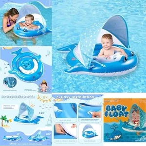 Baby Pool Float with Canopy, Inflatable Baby Swimming Ring with Blue Whale New - Picture 1 of 3