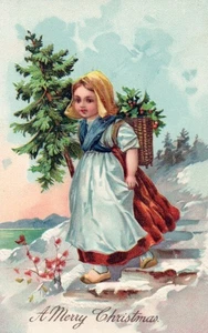 Little girl dressed up carrying holly A Merry Christmas PFB series 11036 - Picture 1 of 2