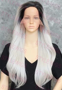Rooted Dark Grey Long Straight Heat OK Lace Front/Top Human Hair Blend Wig EVEE - Picture 1 of 7