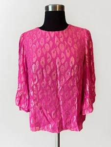 Top Lilly Pulitzer Razberry leopardato metallizzato Francis seta manica a balza taglia XXS - Foto 1 di 6