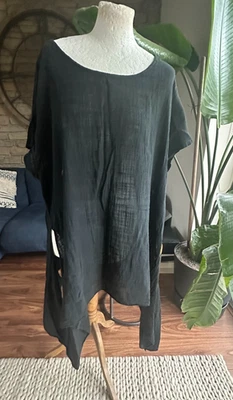 Black Round Neck Linen Look Short Sleeve Asymmetric Hem Long Tunic Top O/S - Image 1 of 3