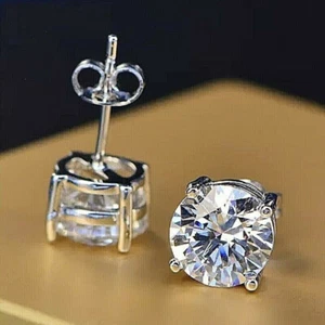 4Ct Round Cut Lab Created Diamond Solitaire Stud Earrings 14K White Gold Plated - Picture 1 of 6