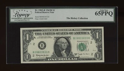 DBR 1963-B $1 FRN New York Barr Gem Fr. 1902-B Legacy 65 PPQ Serial B09803833H - Image 1 of 2