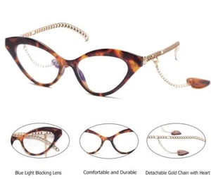 Gafas de lectura anti-azul ojo de gato mujeres amor corazón cadena marco completo - Imagen 1 de 21