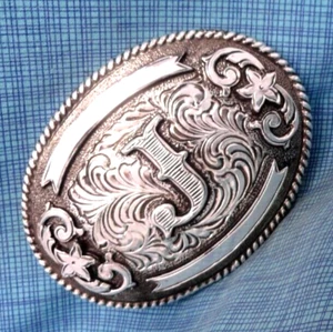 J Belt Buckle Initial J Monogram Western Floral Scroll & Ribbons Vtg 90s .NOX119 - Picture 1 of 8