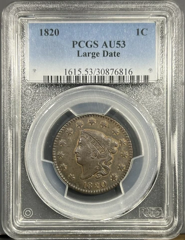 1820 Large Date PCGS AU53 Large Cent 1C - Nice Original Cover