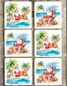 Surfing Santa, Beach Christmas Coasters, Aussie Christmas Coasters, Set Of 6 - Picture 1 of 4