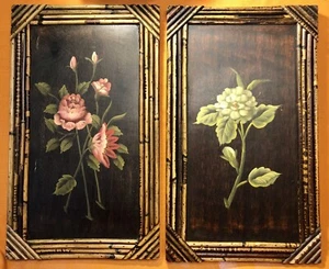 Retro Pair Mid Cent. TIKI BOHO Floral Oil Paintings Wood W/Bamboo Frames 12x20” - Picture 1 of 12