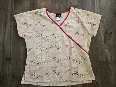 Baby Phat Ivory and Red BP Cats Scrub Top Size Medium V-Neck Pockets - Image 1 of 4