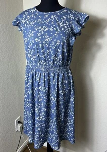 Shein Womens L Dress Blue Floral Button Back Midi Chiffon Cinch Waist S/Large - Picture 1 of 7