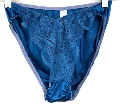 Vtg Oscar De La Renta Satin Panty Lace Hi-Cut Large Union Made USA Blue - Image 1 of 4
