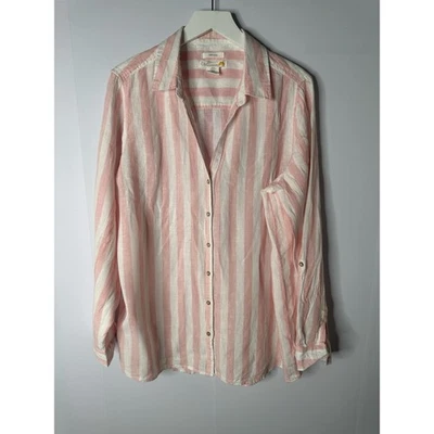 CC California Womens XL Linen Button Up Top Roll Tab Pink Stripe Beach Coastal - Image 1 of 4