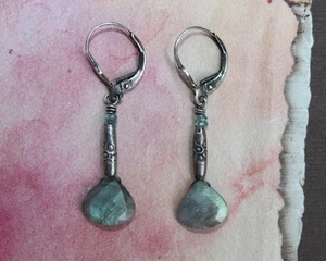 Labradorite Apatite Sterling Thai Silver Dangle Leverback Earrings Handcrafted - Picture 1 of 5