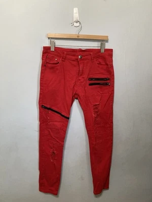 Мужские красные джинсы состаренные с 3 карманами на молнии сужающиеся фактический размер 34 дюйма x 29,5 дюйма - Изображение 1 из 4
