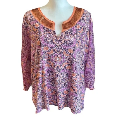 Caribbean Joe Woman Tunic Top 3X Orange Purple Floral Print Sequin Neck - Image 1 of 4