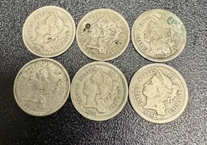 Lot Of Six Three Cent Nickels 1865-1873 zero reserve auction!! Own history! - Picture 1 of 8