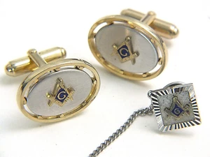 Pair of Vintage ANSON Enamel Center MASONIC 2 Tone Cufflinks w/Tie Pin - Picture 1 of 7